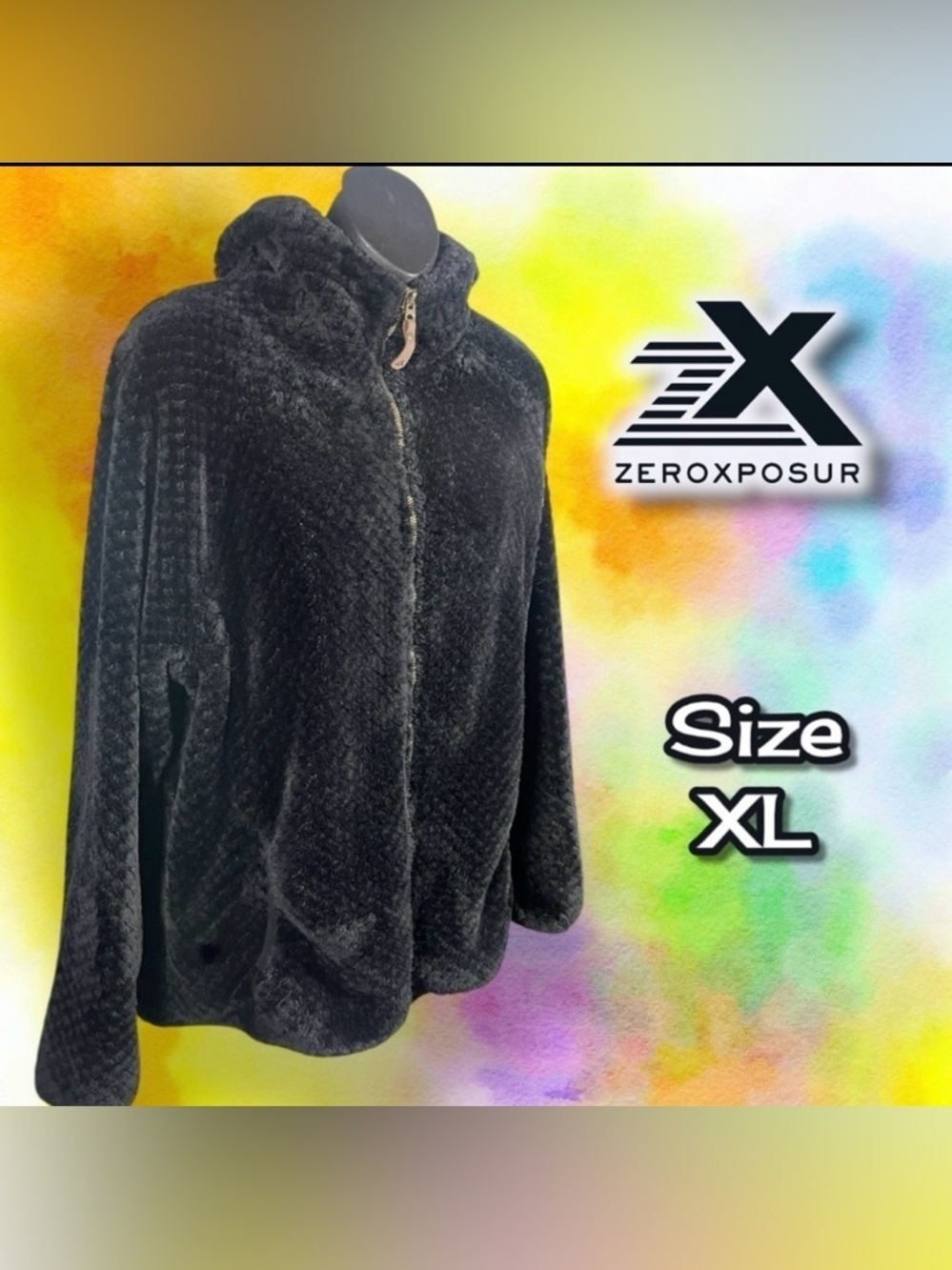ZeroXposur Black Teddy Jacket with High Collar and Plush Texture Size XL